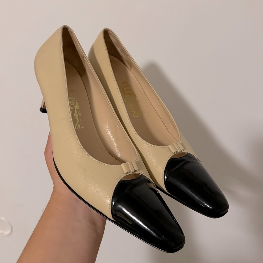 Salvatore Ferragamo Beige and Black Leather Kitten Heel Pumps